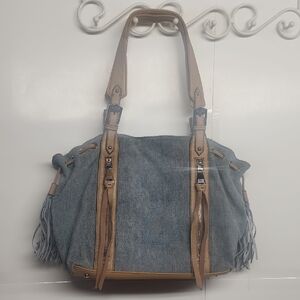 Aimee Kestenberg Tassels Denim and Tan Leather Tote Bag Silver Hardware